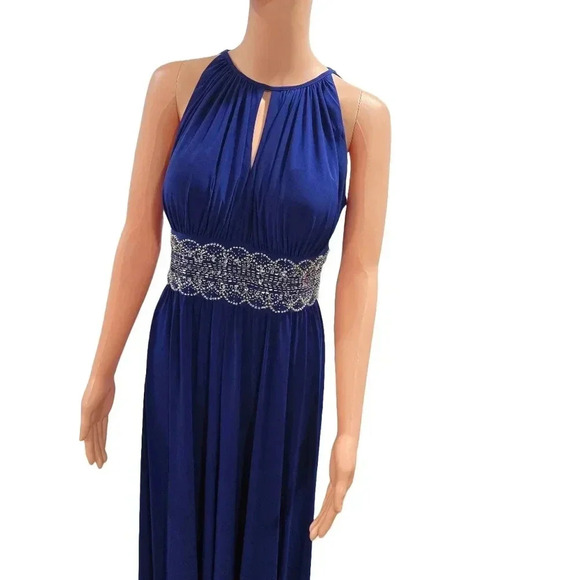 Royal Blue Sleeveless Evening Gown with Embellished Waist and Keyhole Neckline - Picture 2 of 11